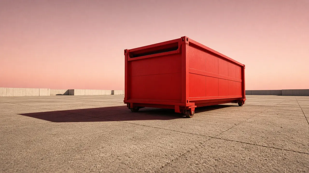 Red roll-off dumpster in an open plaza
