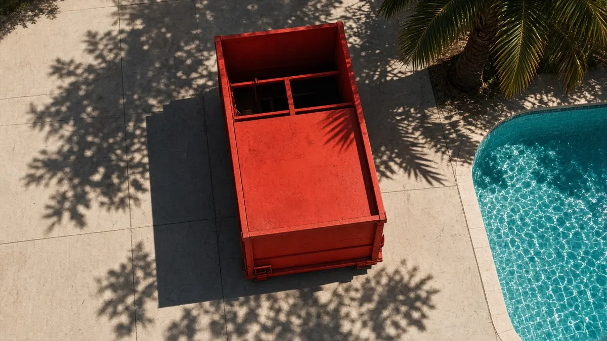 Red roll-off dumpster beside a backyard pool