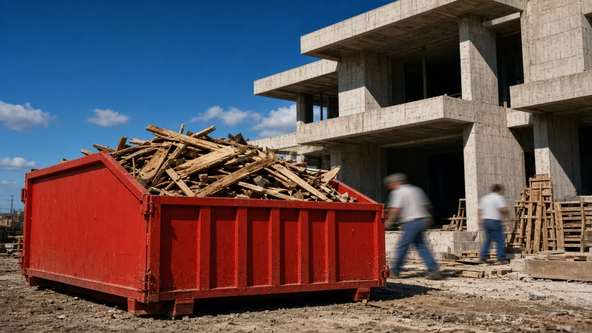 Red roll-off full of lumber at a concrete build site