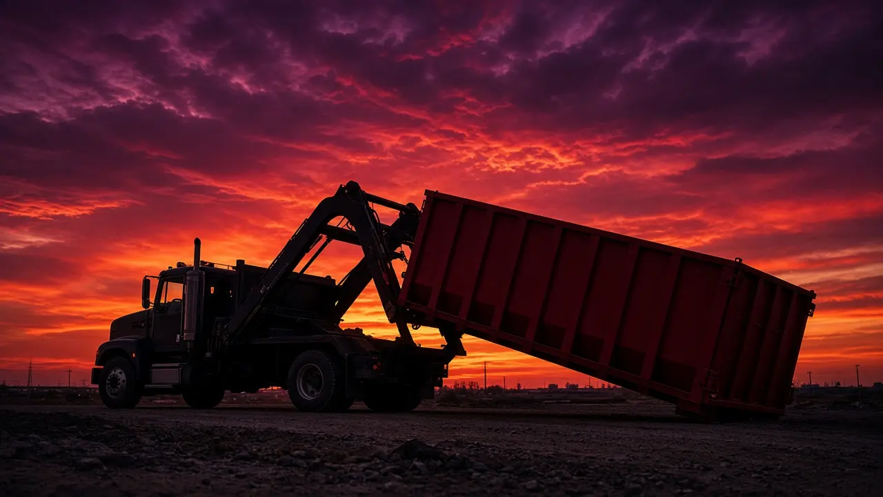 Hoist truck lowering a red roll-off box at sunset